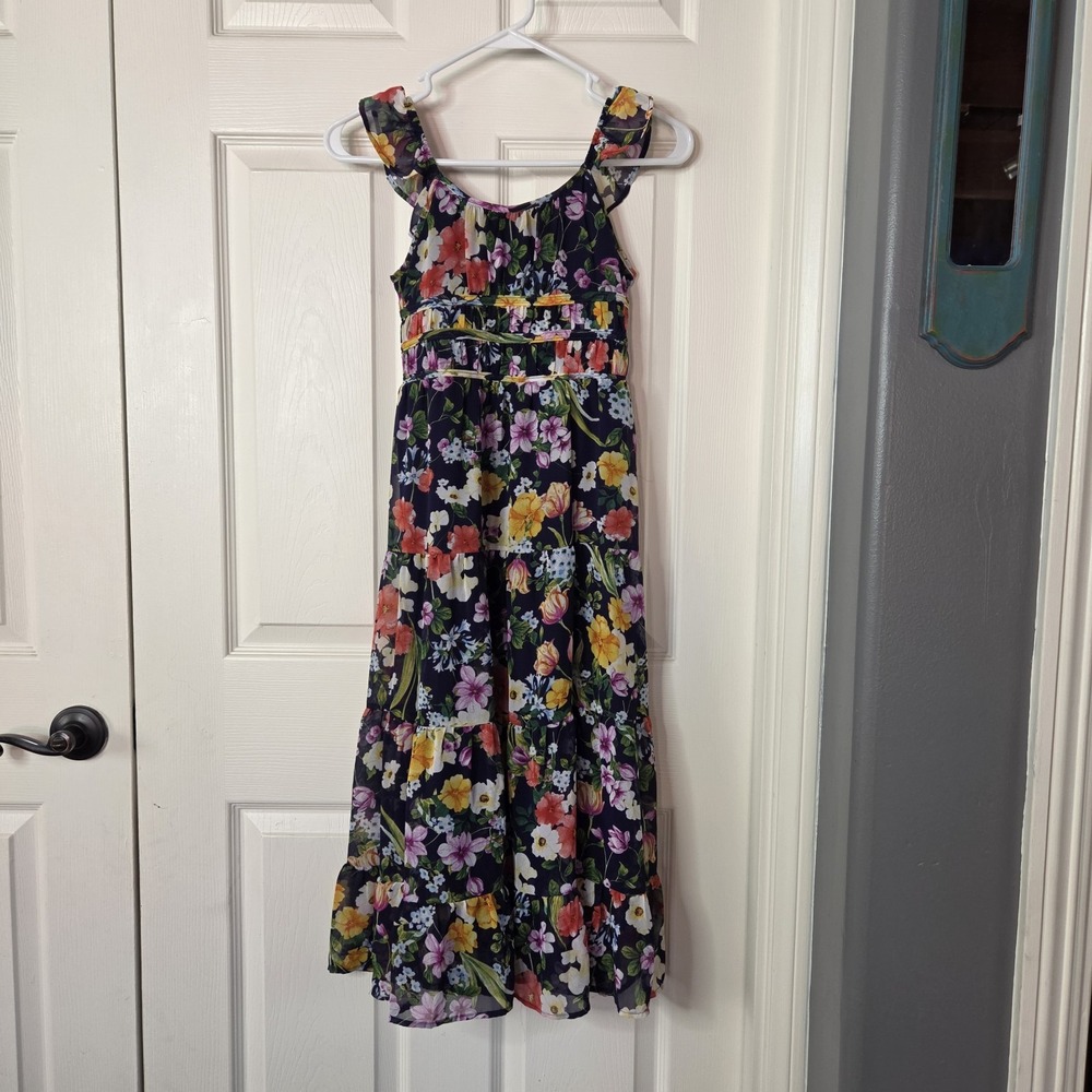 Speechless Girls Flutter Sleeves Maxi Dress Blue Floral Tiered Boho Peasant Sz 7